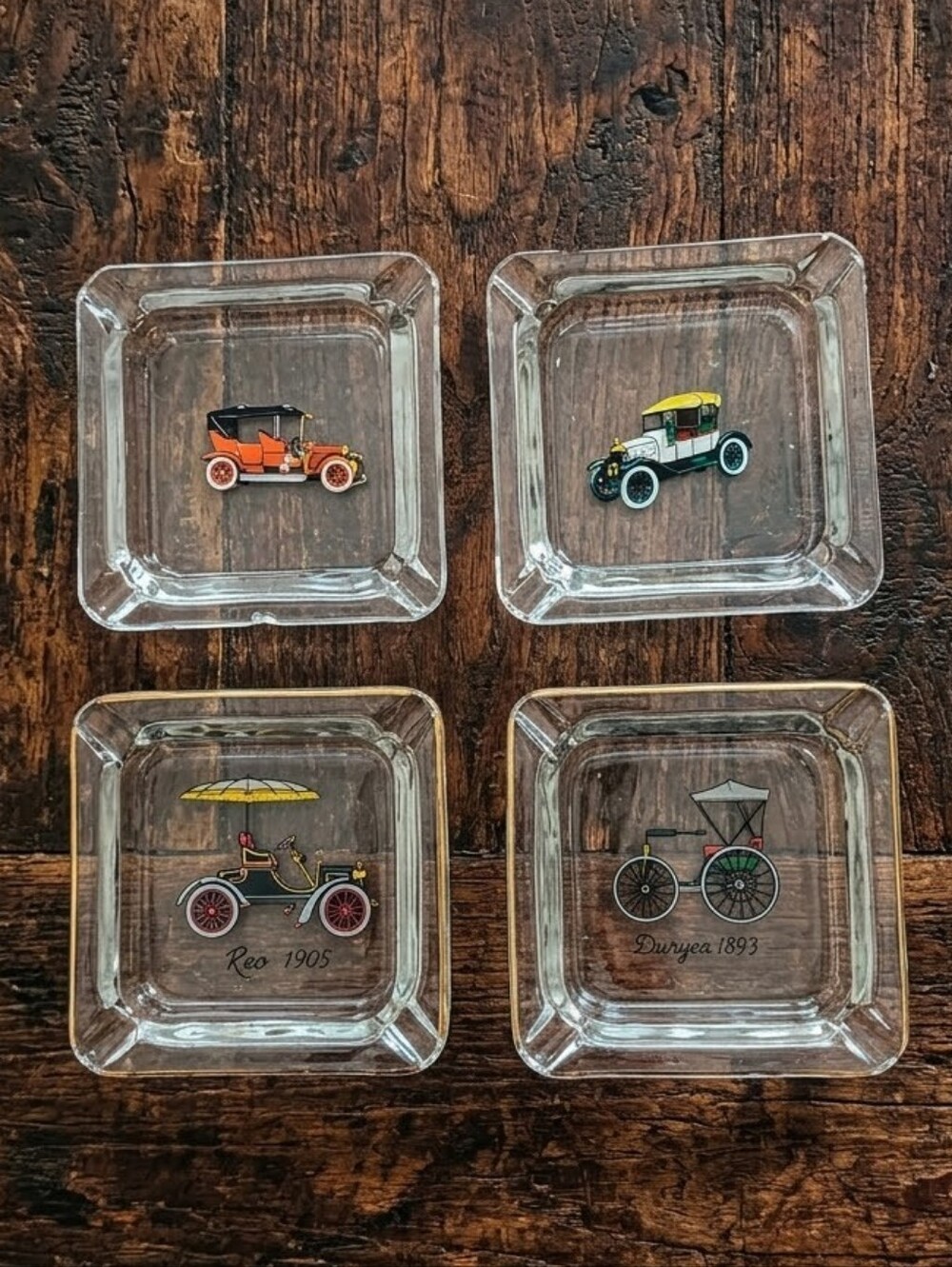 VTG Clear Glass Antique Car Ashtrays Set of 4 Classic Automobiles Gold Rim